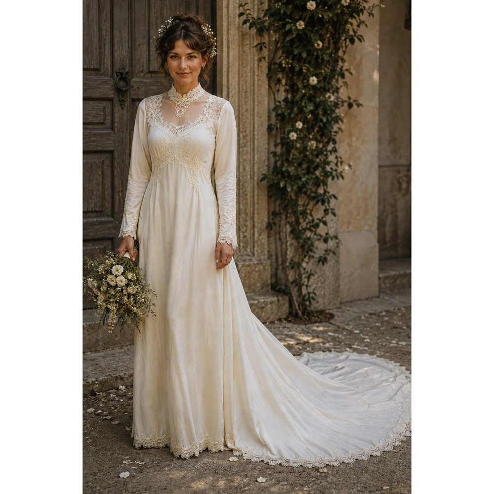 VTG 70s Women's Cream LS Wedding Dress High Neck Chapel Train Crotchet Collar S